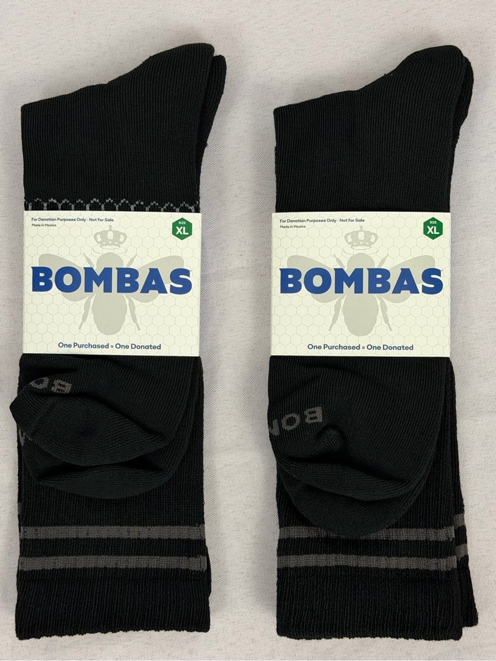 Bombas (Set of 2 Pair)Black Calf Athletic Socks with Gray Stripes & Bee XL  NWT